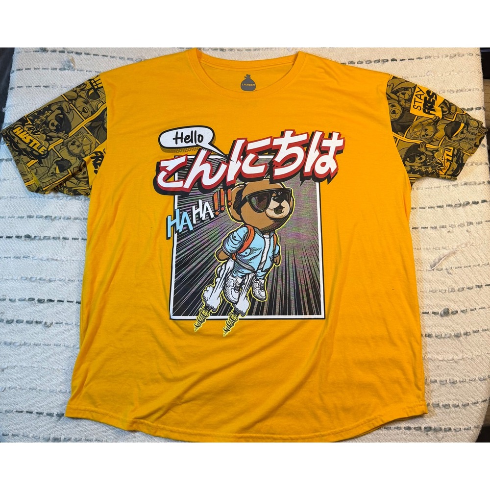 Launder Mens 3XL Yellow Konnichiwa Bear Jetpack Graphic T-Shirt Stay Fresh Tee